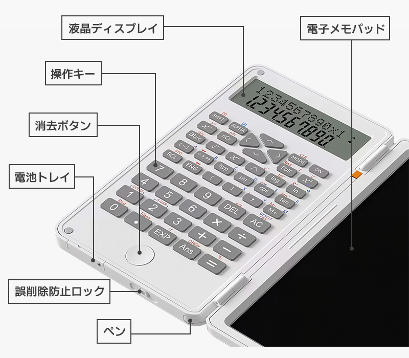 電子メモ付き電卓 メモ電卓 スタンダード関数電卓 電子メモパッド 関数電卓 電池式 10桁 ワンタッチで消去 誤削除防止 消去ロック機能 入力しやすい 軽量 |  | 04