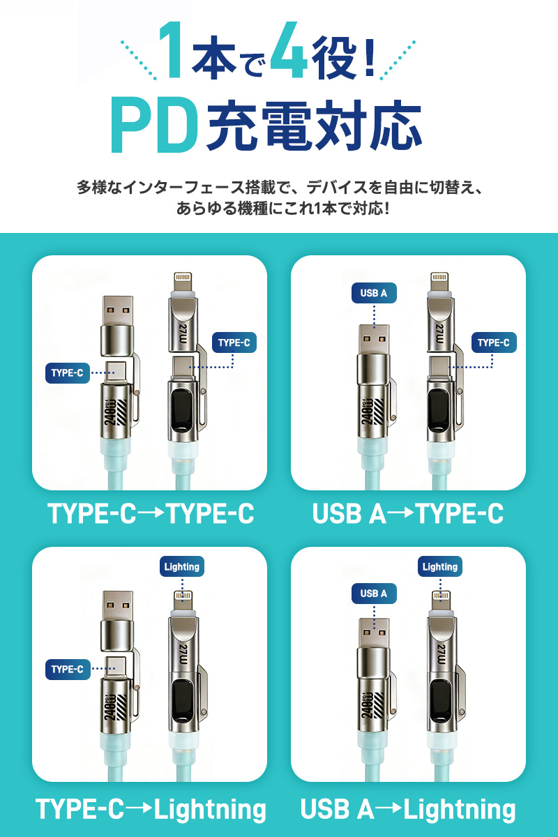 4in1急速充電ケーブル 240Ｗ 急速充電 耐久性 USBシリコンケーブル TYPE-C iPhone 2M LEDライト LEDデジタル表示 480Mbps type-cケーブル 高性能チップ |  | 03