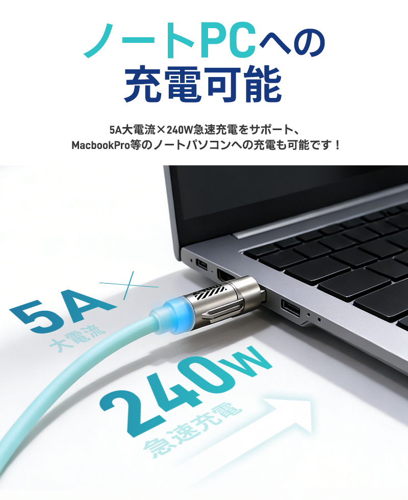 4in1急速充電ケーブル 240W 急速充電 耐久性 USBシリコンケーブル TYPE-C iPhone 2M LEDライト LEDデジタル表示 480Mbps type-cケーブル 高性能チップ 関連画像4
