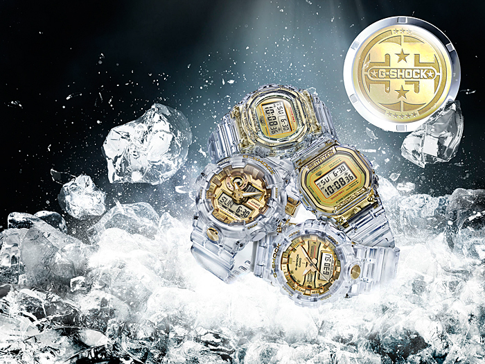 ［タグなし］G-SHOCK Gショック 日本製 35周年限定モデル GLACIER GOLD 逆輸入海外モデル CASIO アナデジ 腕時計  クリアスケルトン ゴールド DW-5035E-7