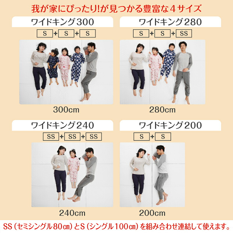 マットレス ワイドキング 連結 ファミリー 大きい 大きいサイズ 子供 家族 5人 4人 3人 布団 敷き布団 敷布団 コンパクト 収納 3つ折り 幅240cm 厚さ6cm｜intelogue｜03