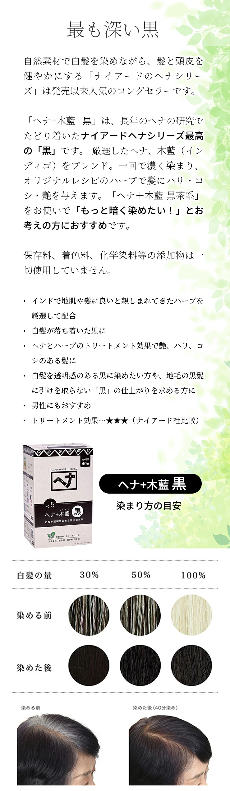 naiad（ナイアード） ヘナ+木藍 黒 No.5 徳用400g（100g×4袋）白髪染め