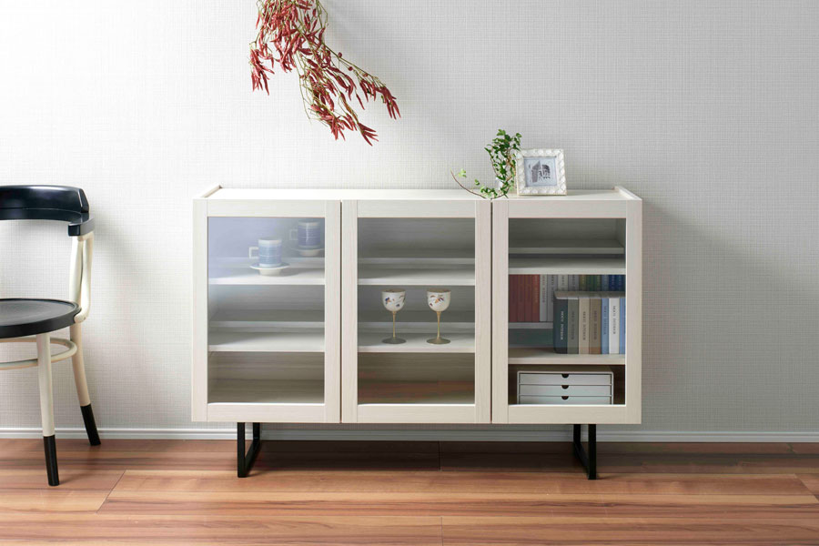 サイドボード ガラス扉 キャビネット ホワイト 白 幅120cm 奥行33cm 高