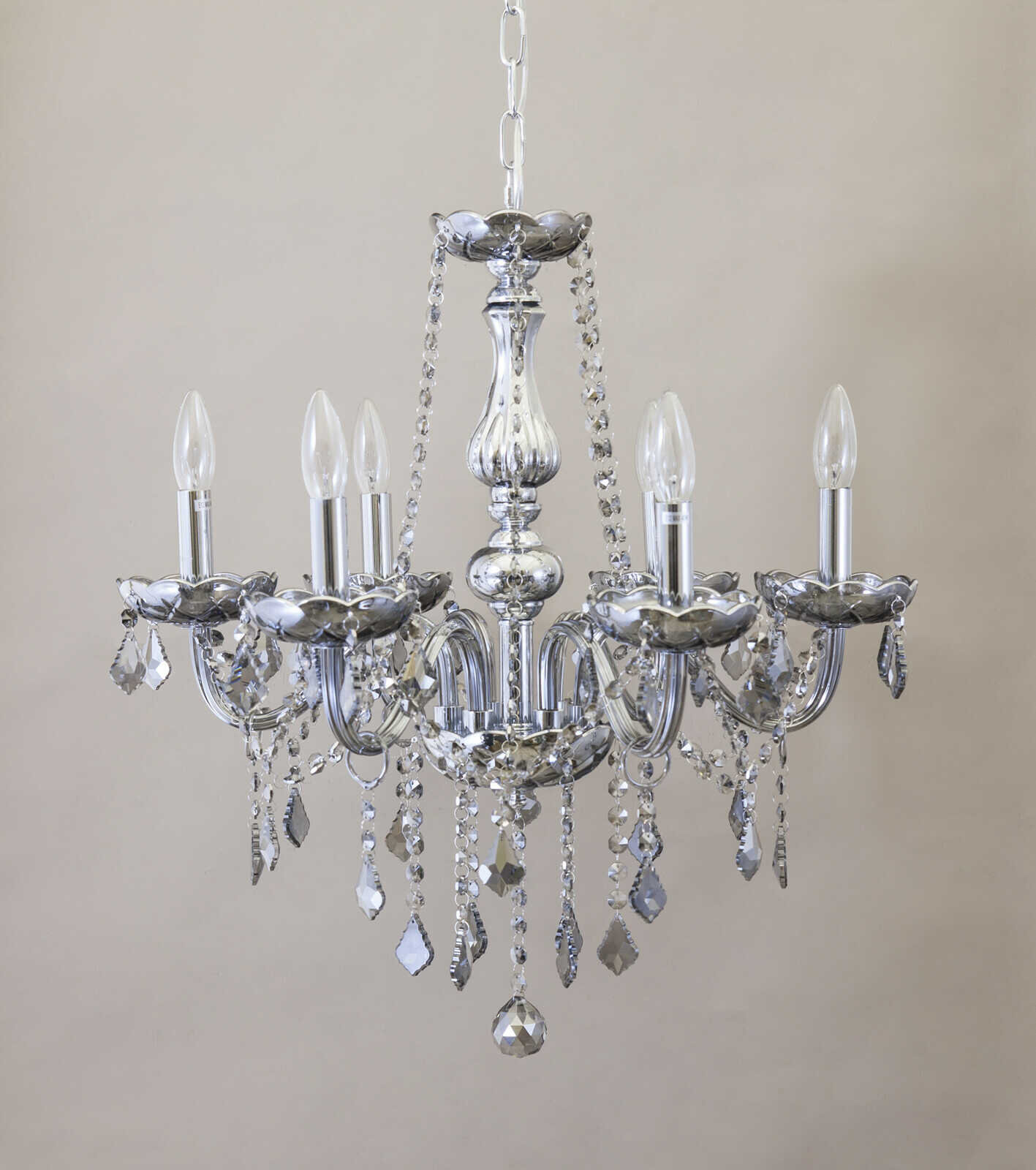 シャンデリア 6灯 スモーク クリスタルガラス LED対応 シルバー 照明