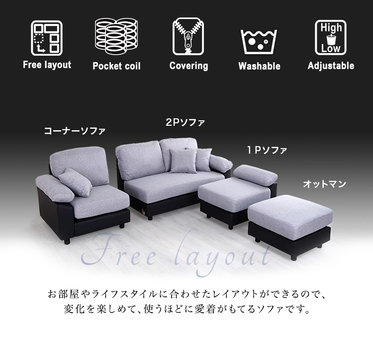 コーナーソファー 3人掛け L字 エル字 布製 ファブリック レイアウト