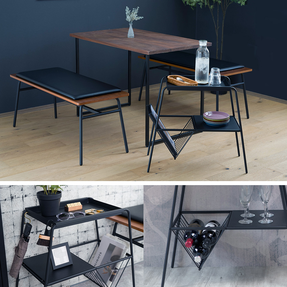 友安製作所 サイドテーブル スリム 収納 棚付き アイアン トレイ