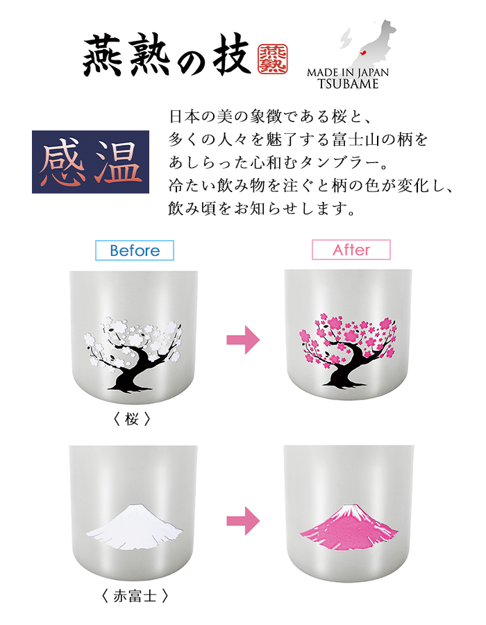 よこやま ステンレスタンブラー 300ml 感温 おしゃれ 赤富士 桜 燕熟の