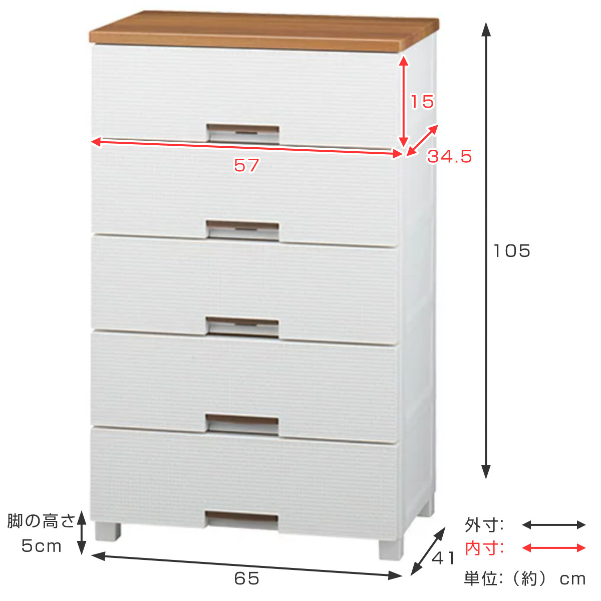 チェスト フィッツプラス メッシュ 5段 幅65×奥行41×高さ105cm FM6505 （ プラスチック 引き出し 日本製 完成品 タンス 収納 衣類収納 Fits フィッツ ）_5