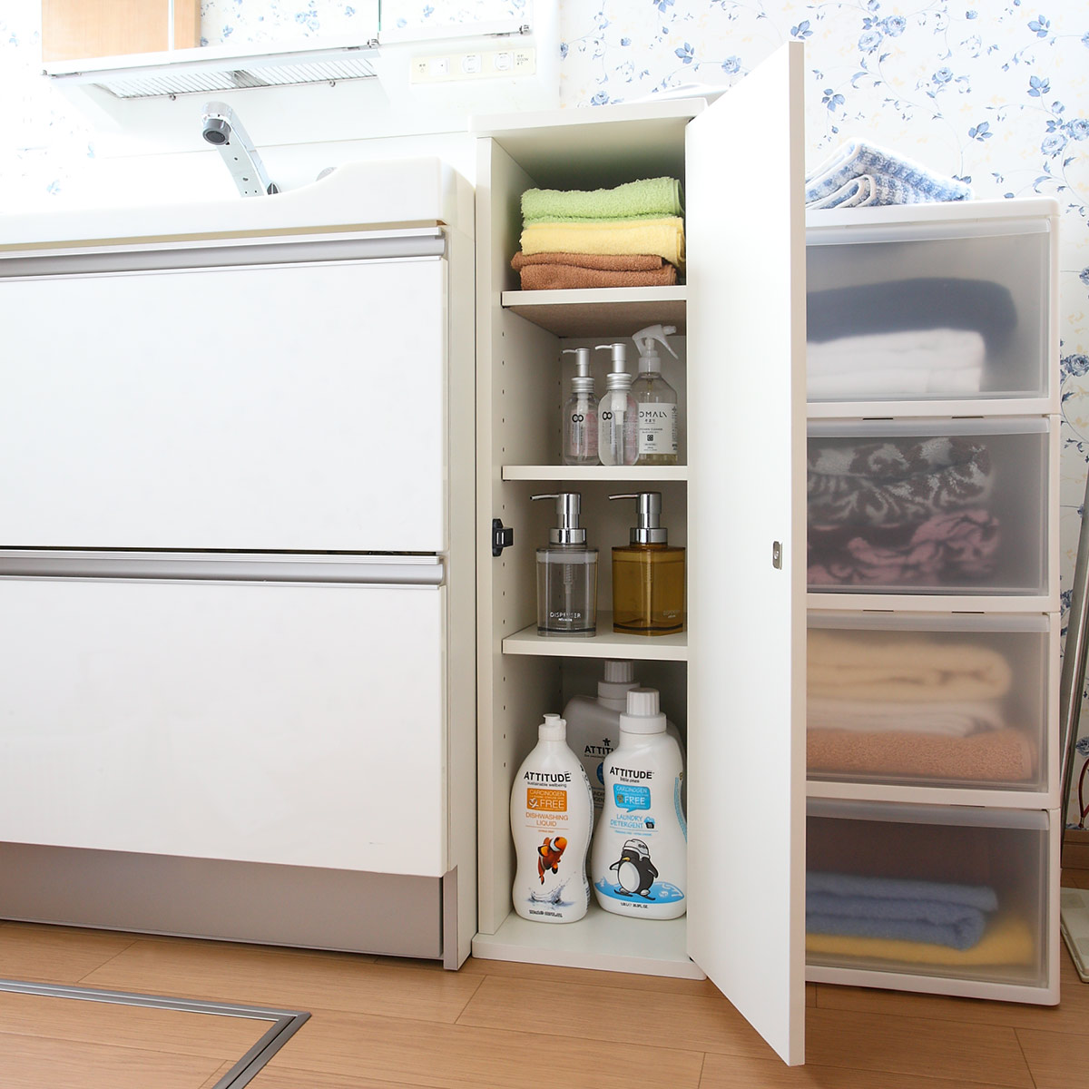 朝日木材加工 キッチン収納 すき間収納 スリムストッカー 4段 扉付 幅