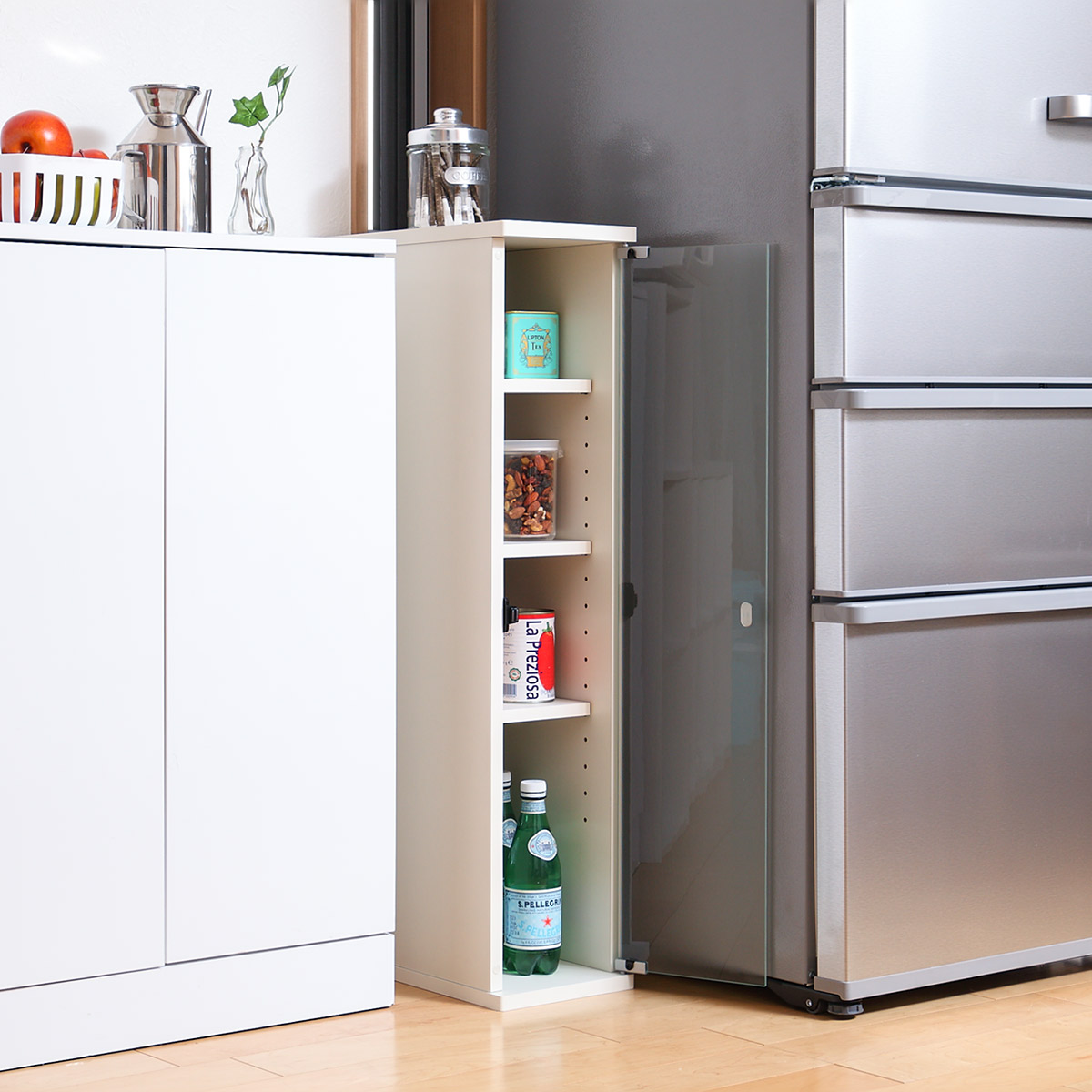 朝日木材加工 キッチン収納 すき間収納 食器棚 ガラスキャビネット 4段