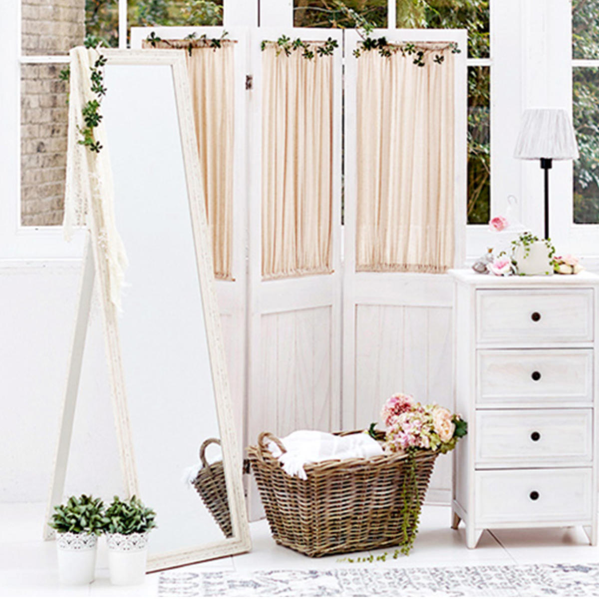 パーテーション 3連 衝立 カーテン付 天然木 フレンチカントリー