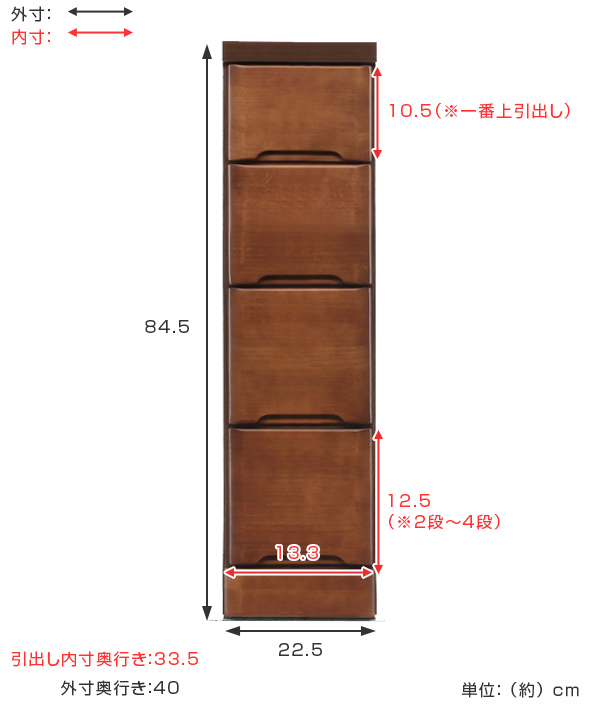 スリムチェスト 4段 すき間収納 引き出し 木製 幅22.5cm （ タンス チェスト ランドリーチェスト 整理タンス ）_2