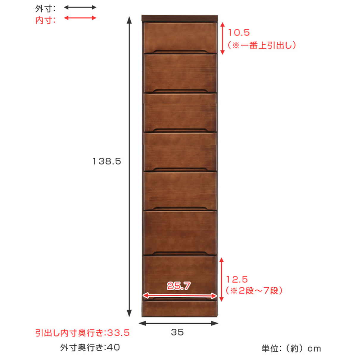 スリムチェスト 7段 すき間収納 引き出し 木製 幅35cm （ タンス