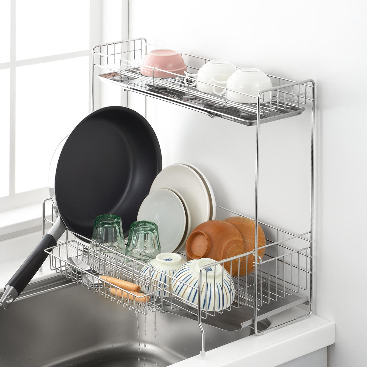 ヨシカワ 水切りラック シンクサイド 幅の広がる2段水切り 幅15cm×奥行