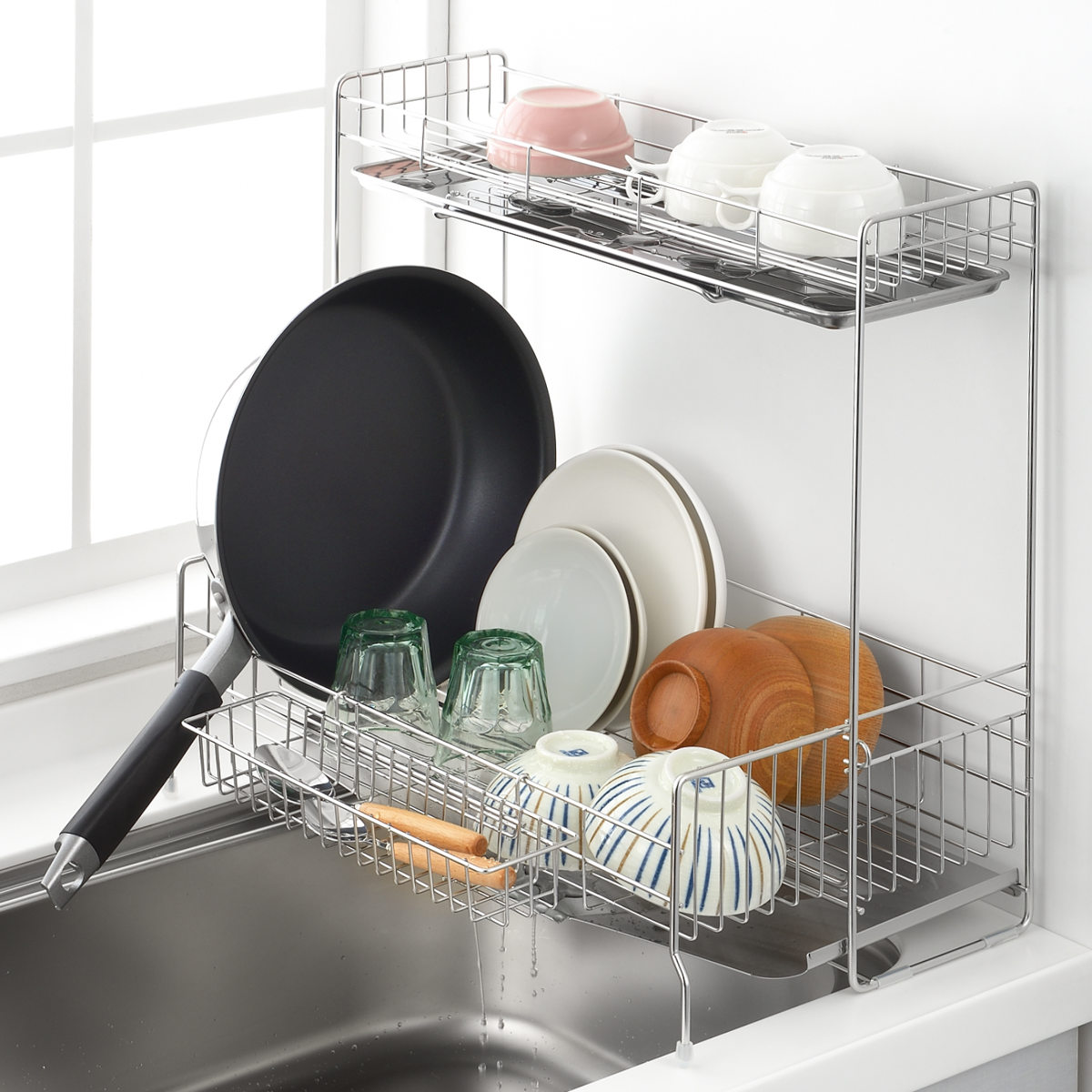 ヨシカワ 水切りラック シンクサイド 幅の広がる2段水切り 幅15cm×奥行