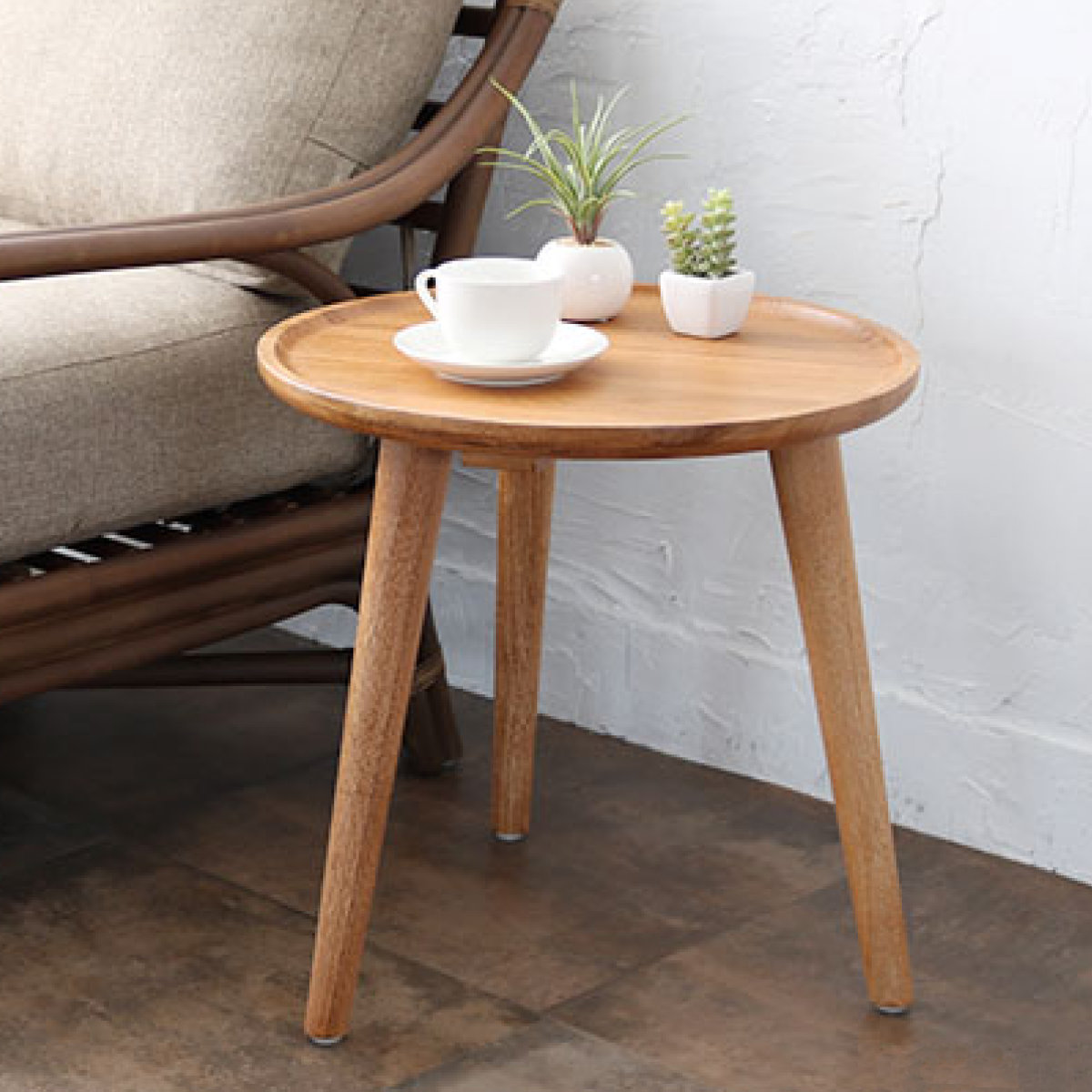 サイドテーブル 円形 チーク 天然木 アジアンテイスト 直径45cm