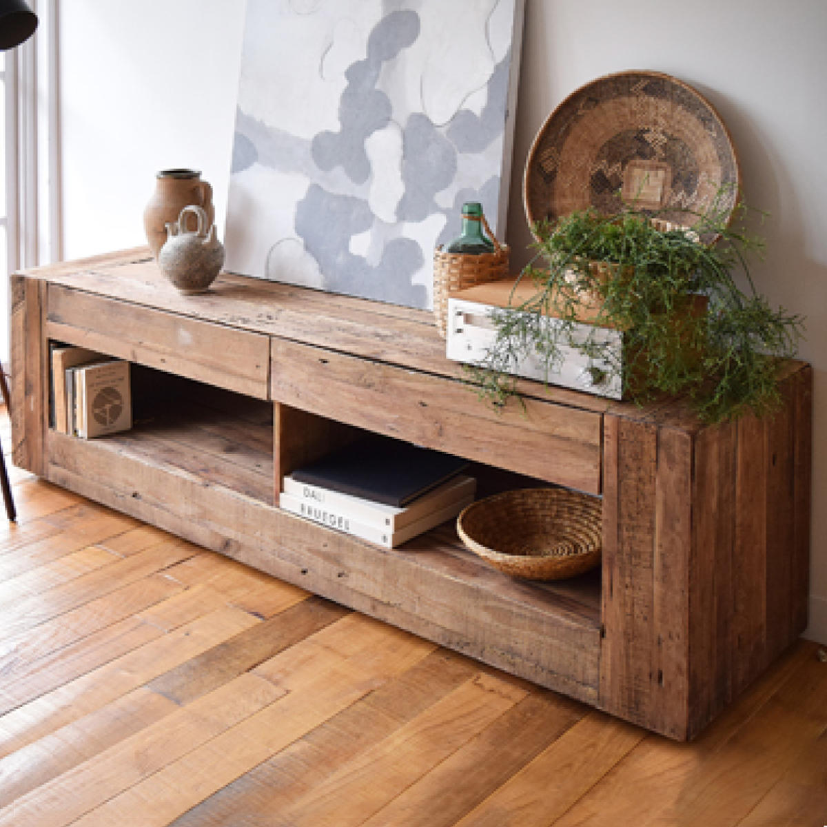 テレビ台 ローボード 幅210cm 古材 天然木 レトロ調 （ テレビボード