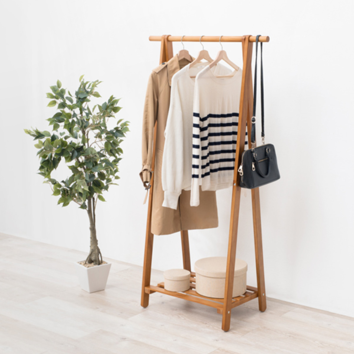 HAGiHARA（萩原） ハンガーラック 天然木製 すのこ付 幅80cm （ コート