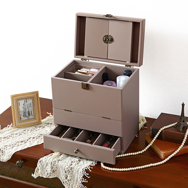 HAGiHARA（萩原） コスメボックス 三面鏡 アンティーク調 収納 大容量