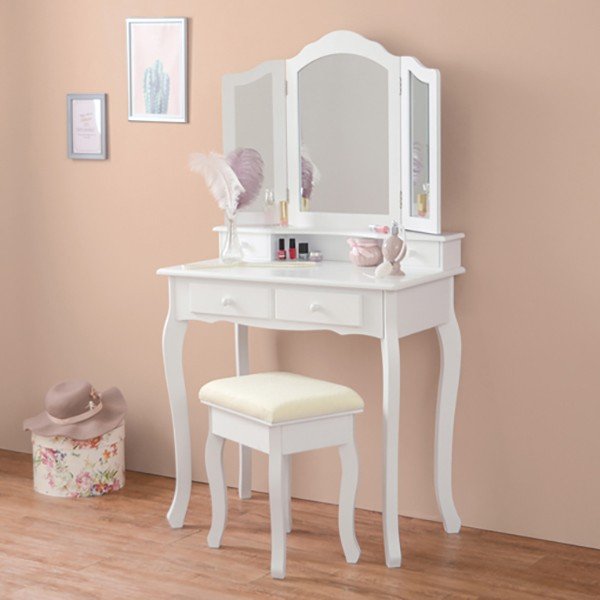 収納豊富 シンプル おしゃれ コンセント スツール付 3面鏡 ドレッサー WH