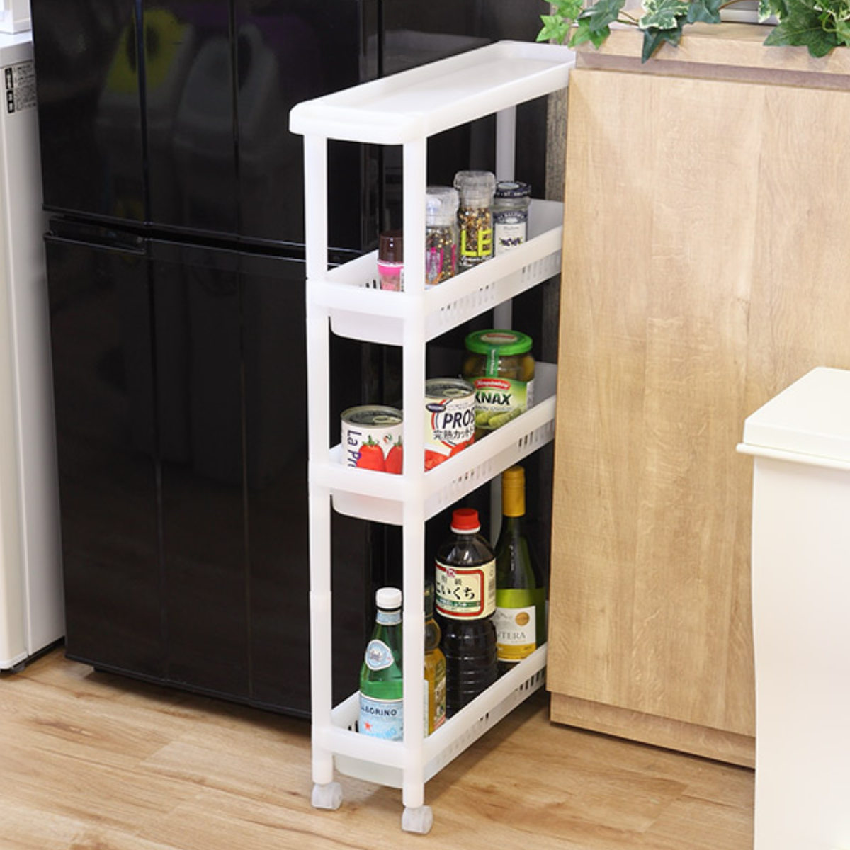 キッチンワゴン 天板付き 4段 幅15cm スリム キャスター付き 取っ手