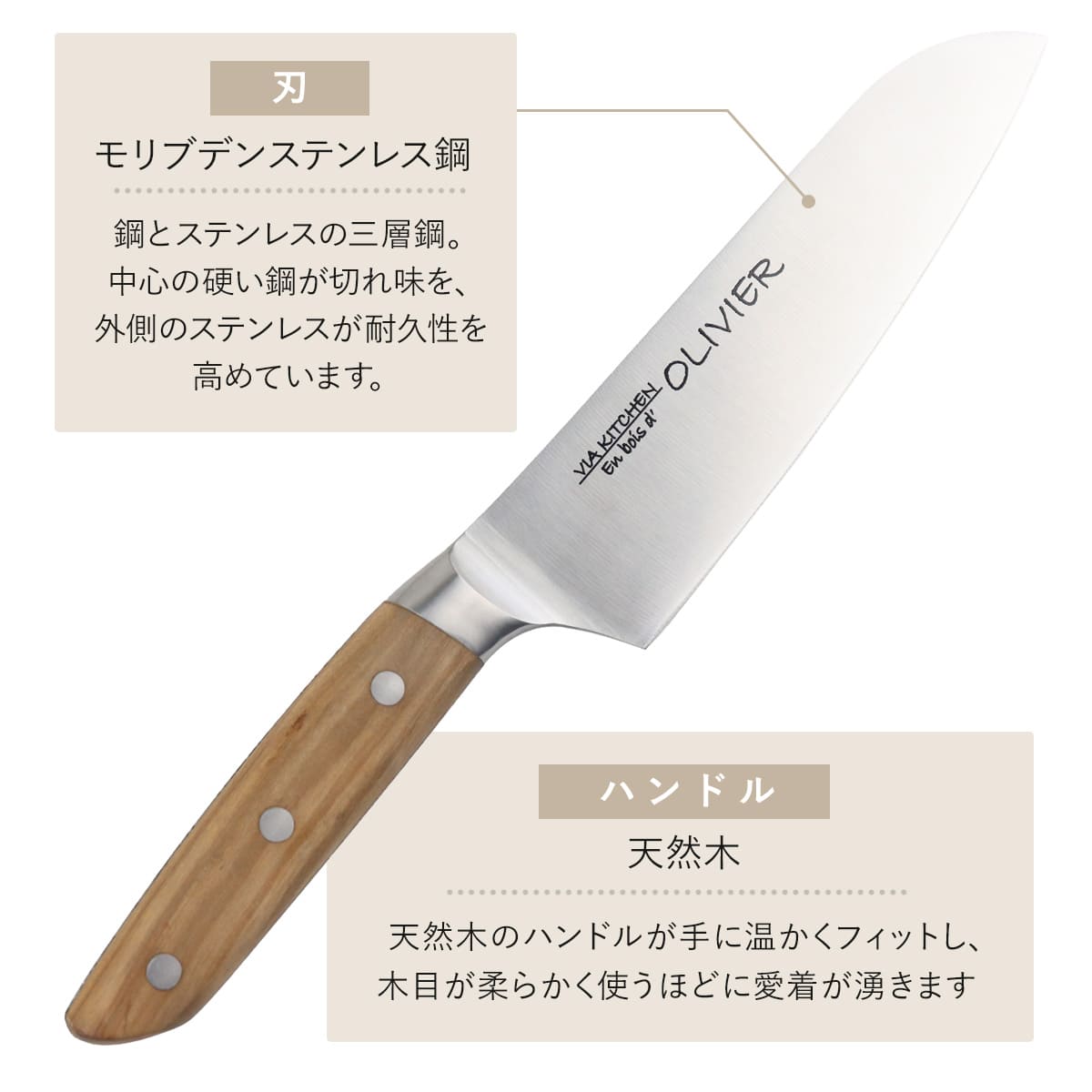 包丁 三徳包丁 刃渡り17cm 木柄 日本製 バイアキッチン OLIVIER （ 17