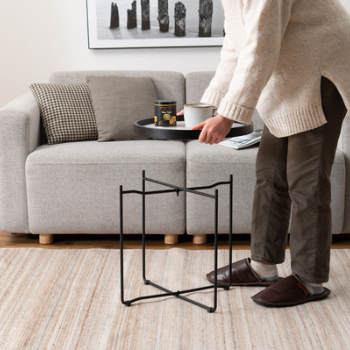 アンティーク　トレー付きコーヒーテーブル　センターテーブル　お盆　サイドテーブル 東谷 サイドテーブル 幅42cm トレー テーブル 折りたたみ 収納 お盆 丸