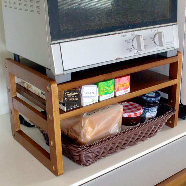 トースターラック 洗えるバスケット付き 家電下ラック 木製