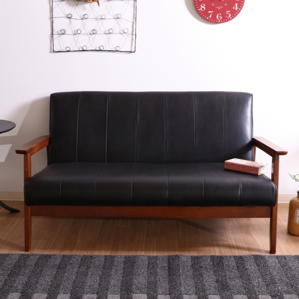 ソファ 幅128cm 二人掛け 2人用 レザー調 ひじ掛け 木製 合成皮革