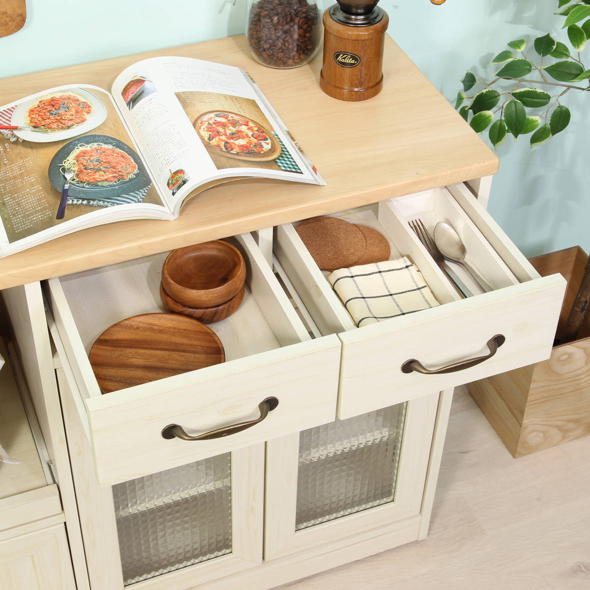 不二貿易（Fuji Boeki） キッチンカウンター 幅118cm スライド棚 2口