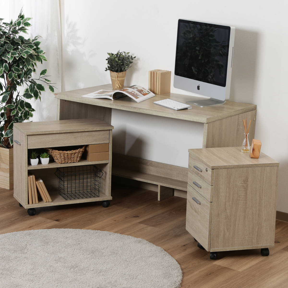 システムデスク/デスク チェスト ラック 3点セット W120 ナチュラル 不二貿易（Fuji Boeki） ワークデスク チェスト ラック 3点セット 幅