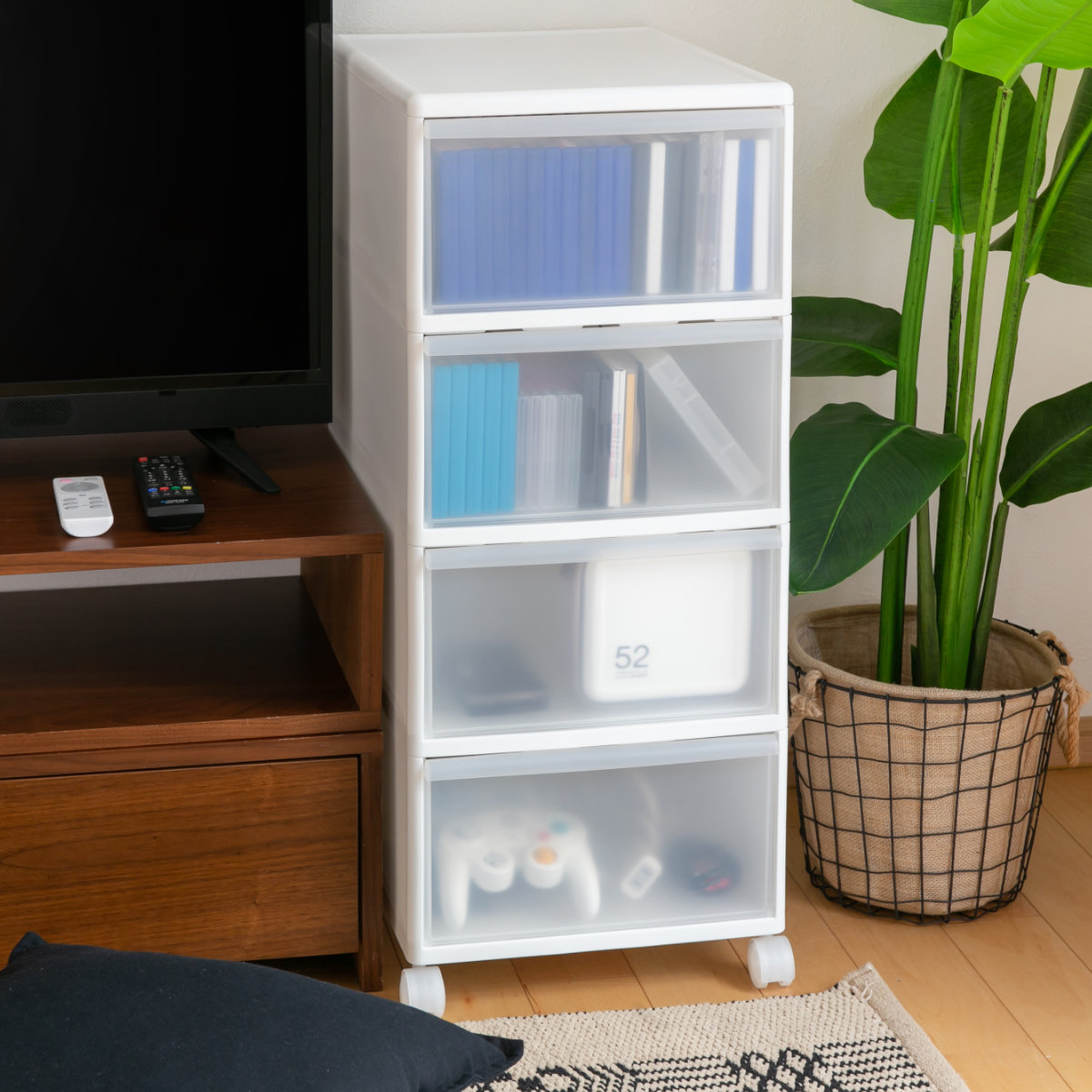 収納ケース MOS ワイドストッカー 幅34×奥行46.5×高さ78cm 4段 プラスチック 浅型 キャスター付き （ 日本製 引き出し チェスト 収納 収納ボックス ）