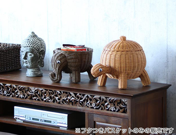 籐 ふた付きバスケット カメ ラタン製 幅26cm （ 動物 アニマル かご