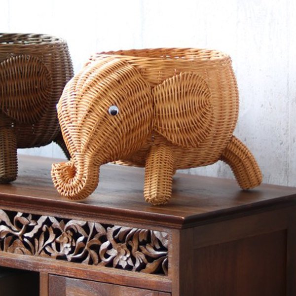 パリコレクション ラタン製 ゾウ バスケット 籐 幅29cm かご アニマル 動物 （ 工芸品
