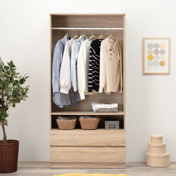 ワードローブ ワイド 壁面収納 引出し付 ハンガーラック 幅89cm （ コートハンガー 洋服掛け ハンガー掛け ラック 洋服収納 ワイドタイプ ）の画像