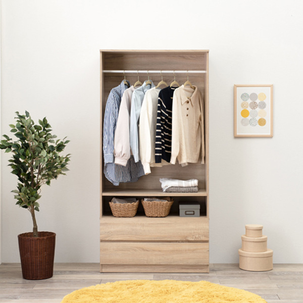 ワードローブ ワイド 壁面収納 引出し付 ハンガーラック 幅89cm （ コートハンガー 洋服掛け ハンガー掛け ラック 洋服収納 ワイドタイプ ）の画像