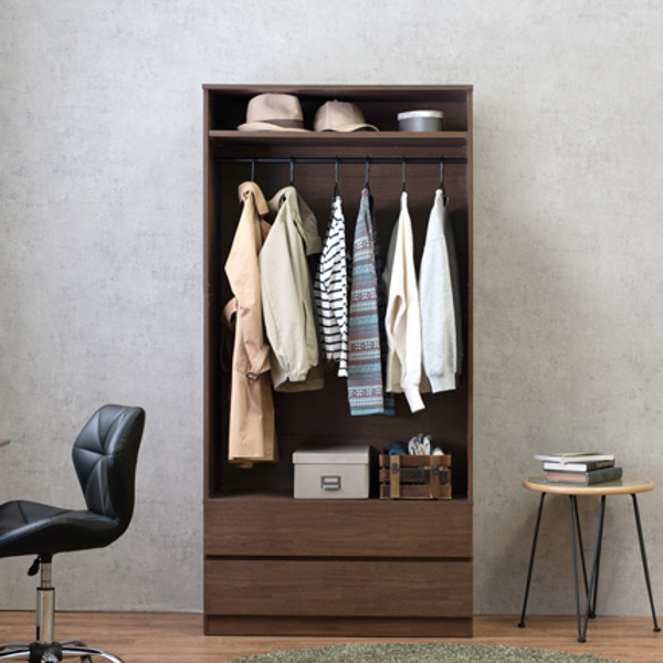 ワードローブ ワイド 壁面収納 引出し付 ハンガーラック 幅89cm （ コートハンガー 洋服掛け ハンガー掛け ラック 洋服収納 ワイドタイプ ）の画像