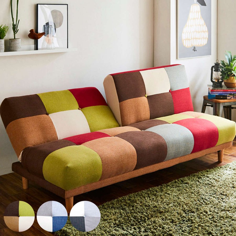 ソファーベッド　小テーブル付き　パッチワーク柄　グレーMIX　ソファ　新品 ソファーベッド 小テーブル付き パッチワーク柄 グレーMIX ソファ 新品