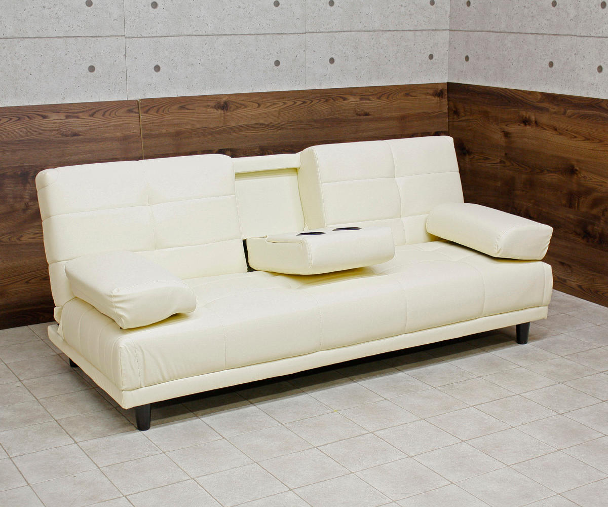 ソファベッド 幅180cm 三人掛け リクライニング レザー調 カップ