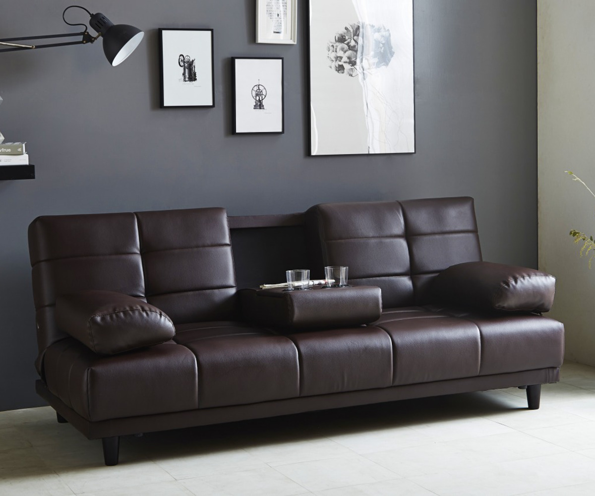 ソファベッド 幅180cm 三人掛け リクライニング レザー調 カップ