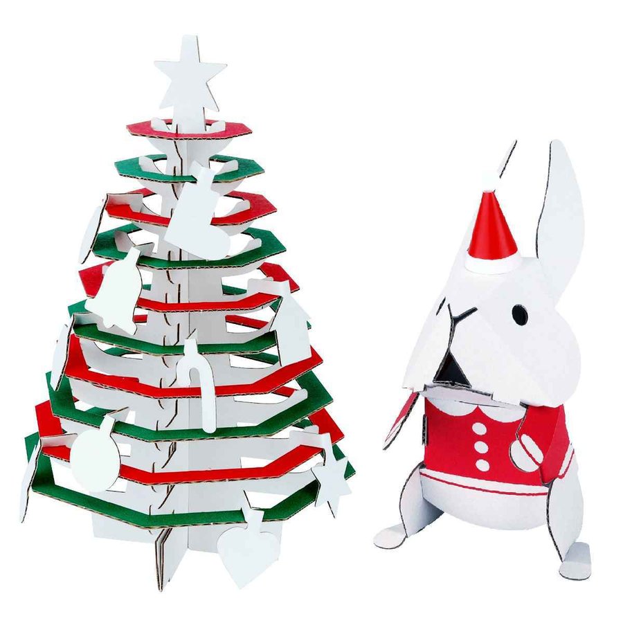 工作キット ダンボール製 hacomo kids クリスマスツリー＆うさぎ （ ダンボール 段ボール クリスマスツリー うさぎ おもちゃ ペーパークラフト 工作 子ども ）