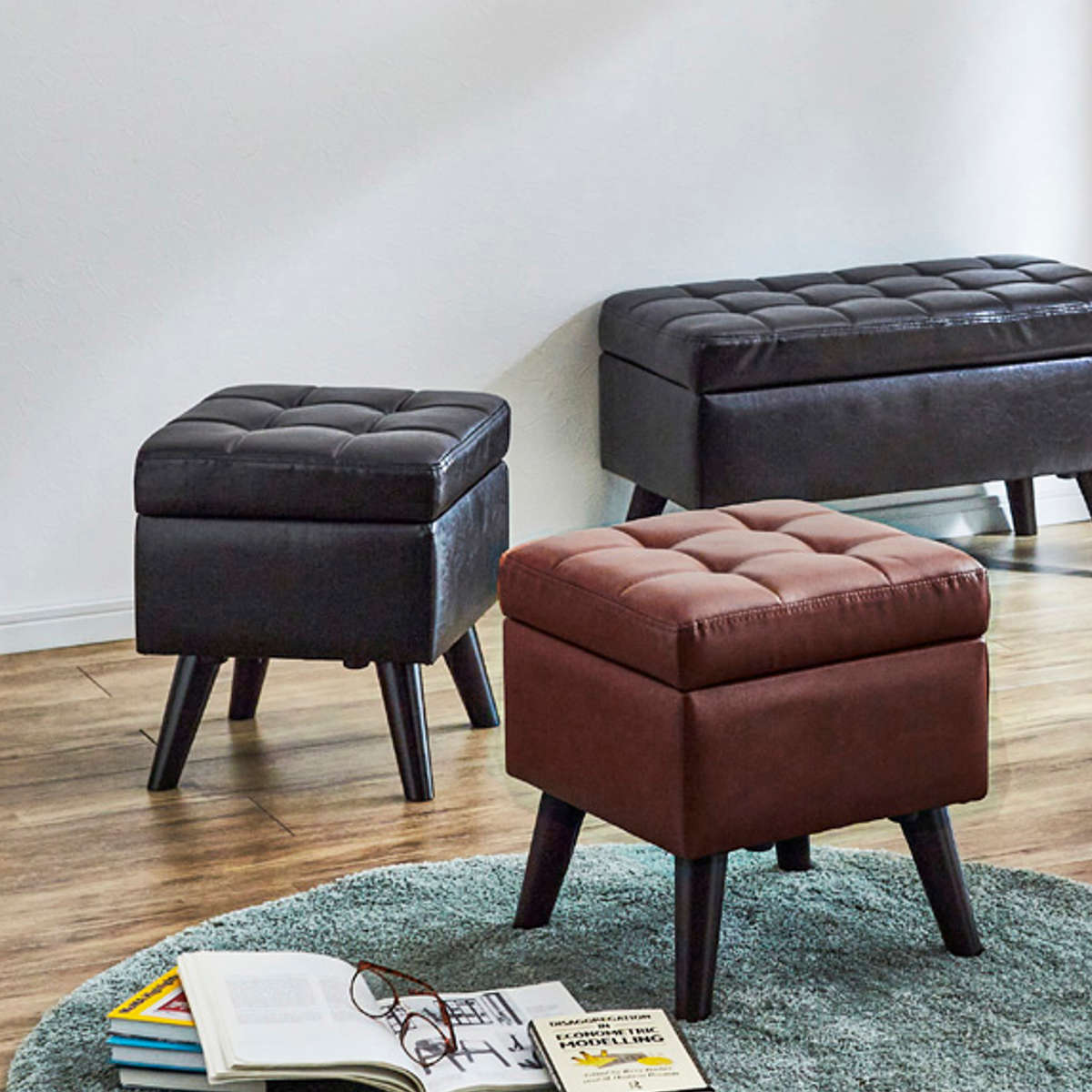 本革使用 ダークブラウン オットマン 椅子 55cm x 45cm x 38cm スツール 収納付き 幅40cm 高さ45cm レザー調 （ オットマン 脚