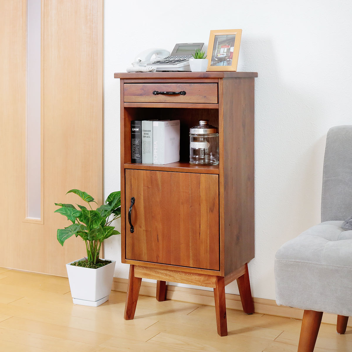 電話台 マホガニー天然木 幅42cm （ 電話 ファックス台 収納棚 収納