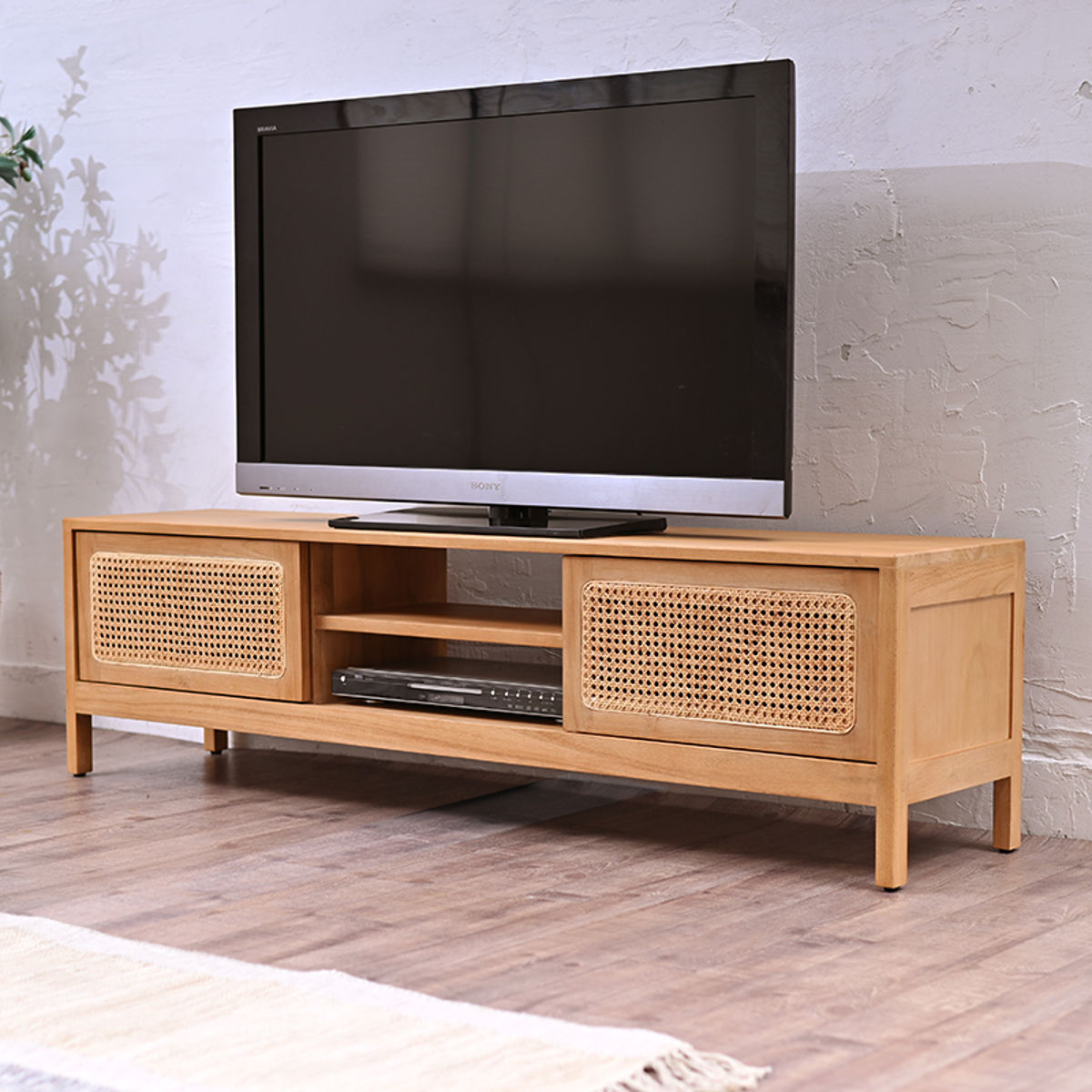 チーク無垢材×ラタン ローボード テレビ台 テレビ台 ローボード ラタン チーク無垢材 KAGOME 150cm幅 （ テレビ