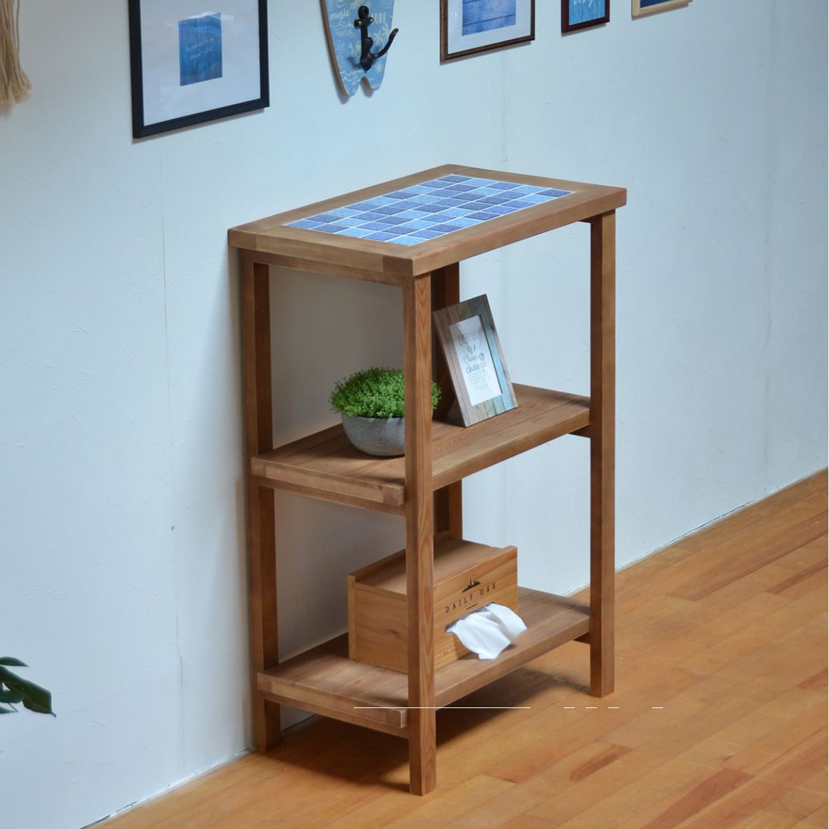 オープンラック 3段 天然木 タイル天板 PUDDLE 幅60cm （ パドル 収納