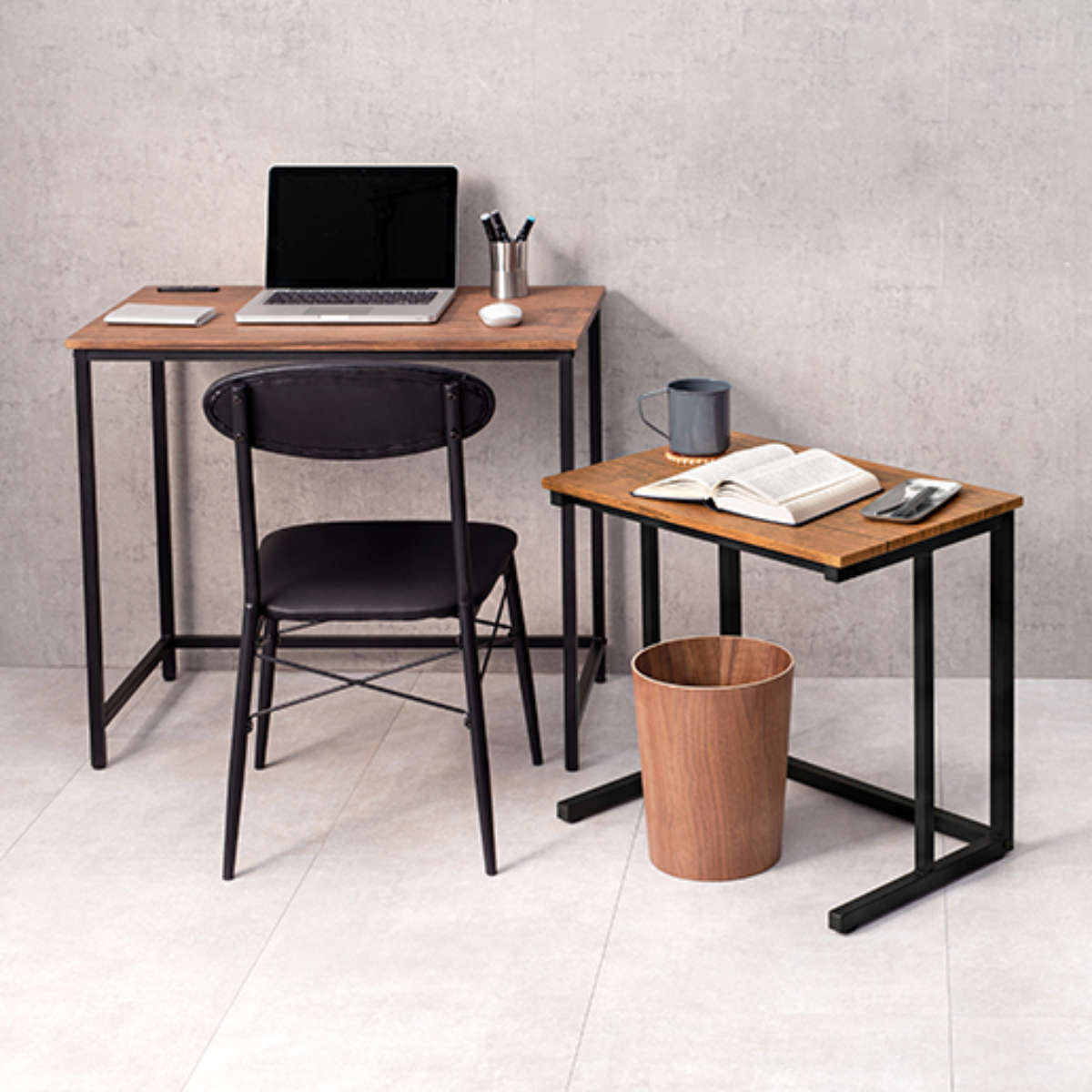 HAGiHARA（萩原） サイドテーブル 幅広 幅60cm 木目調 コの字