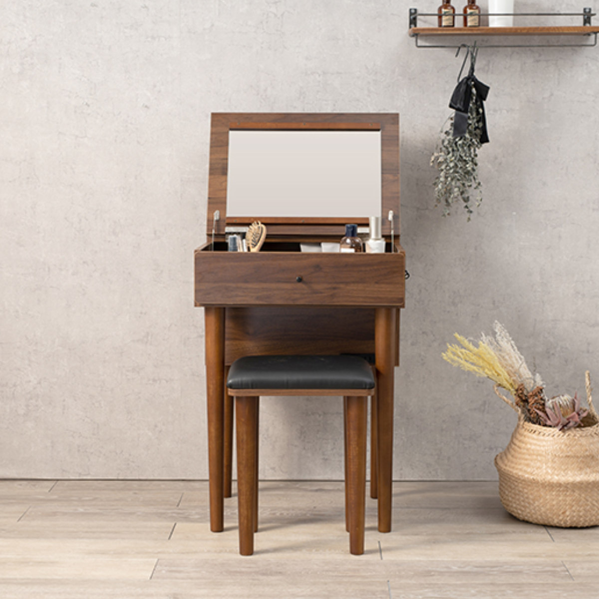 HAGiHARA（萩原） ドレッサー スツール セット 幅50cm コンセント 木製