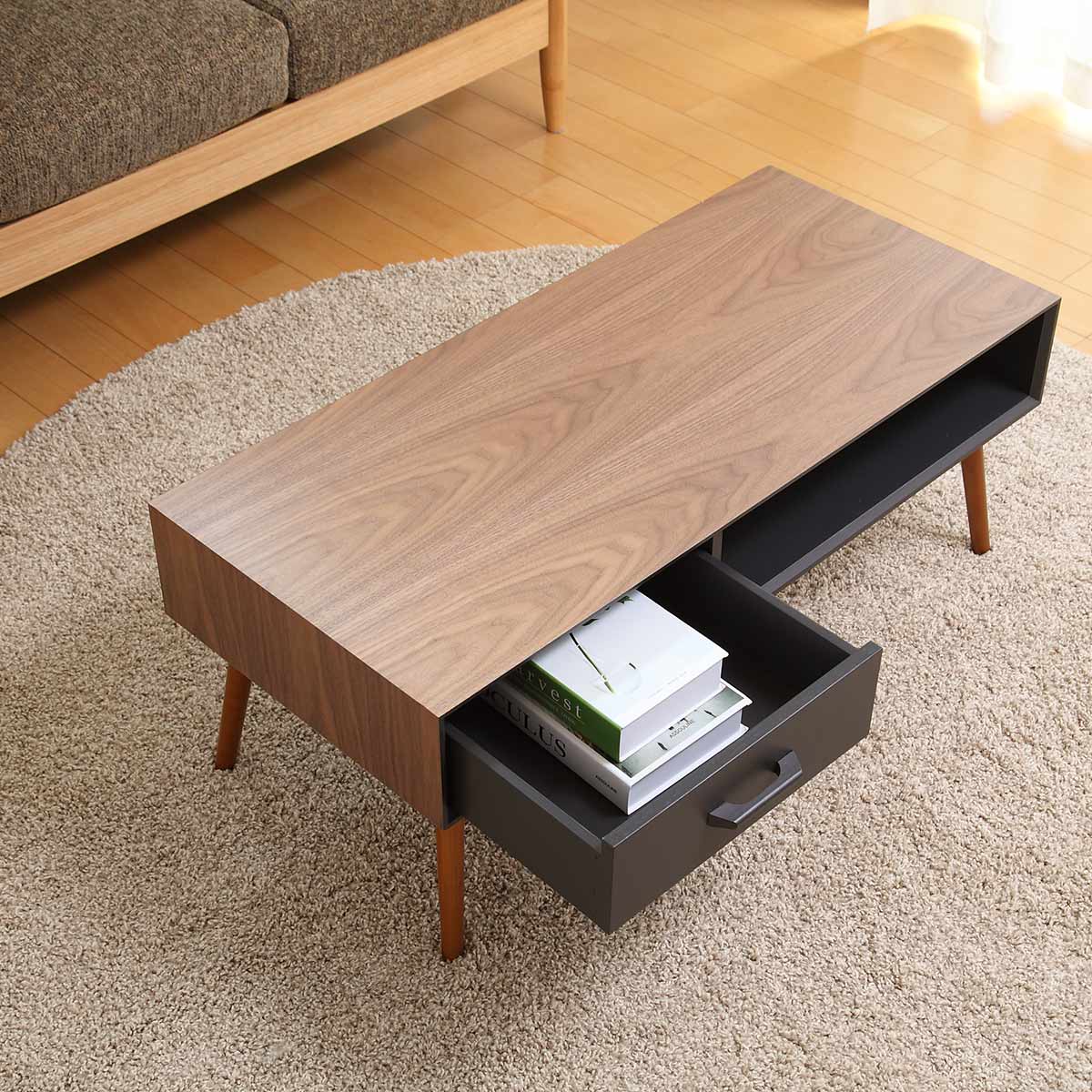 HAGiHARA（萩原） センターテーブル 幅100cm 天然木突板 引き出し