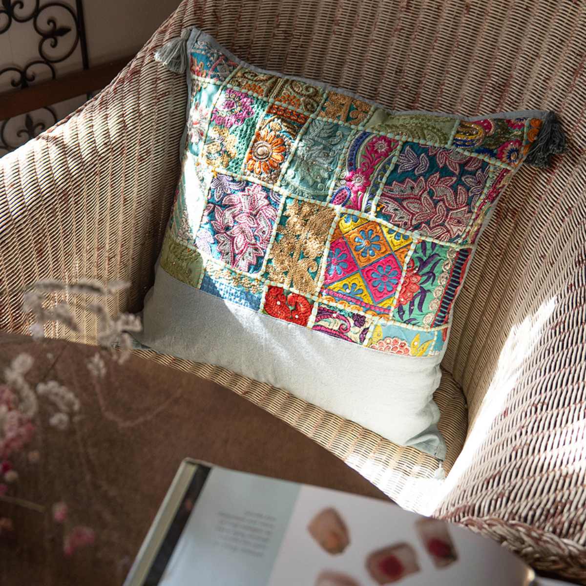 クッションカバー カンバディアパッチ 綿麻 45cm×45cm （ クッション