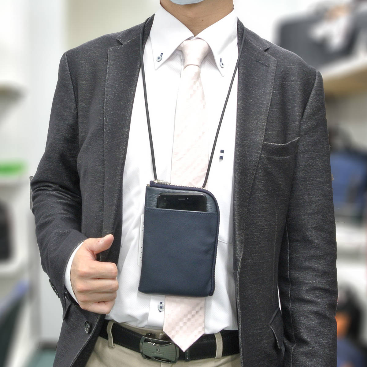 渋金革紐巻く二つ折りたたむネックウォレット＋zipperケース 渋金革紐巻く二つ折りたたむネックウォレット＋zipperケース 渋金革紐